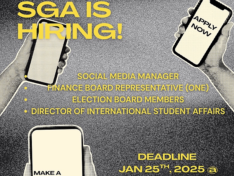 SGA is hiring graphic with three phones, four positions available. Deadline is January 25, 2026