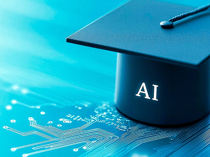 College graduation had labeled with AI on an electronic circuit board. Generative AI in Teaching