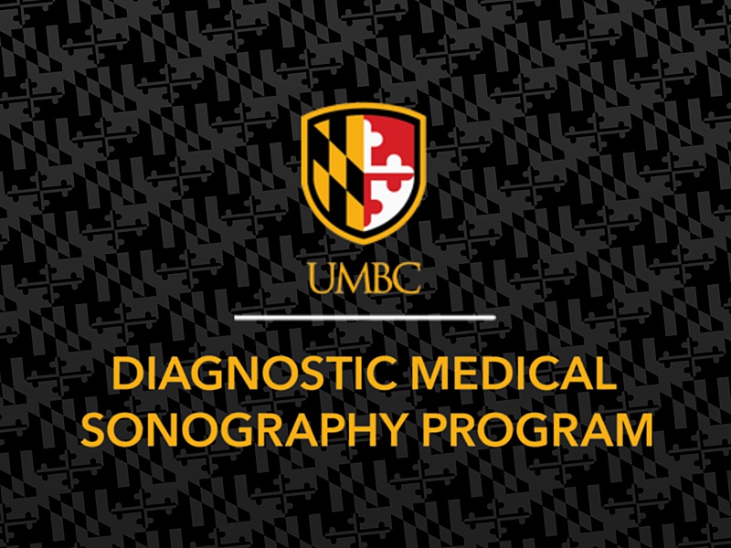 UMBC wordmark and academic shield above 'diagnostic medical sonography program' text. Both against a black UMBC Maryland flag pattern backdrop.