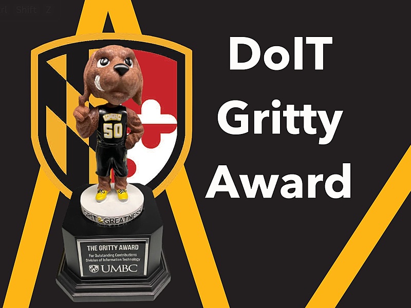 The DoIT Gritty retriever dog trophy with the label "DoIT Gritty Award"