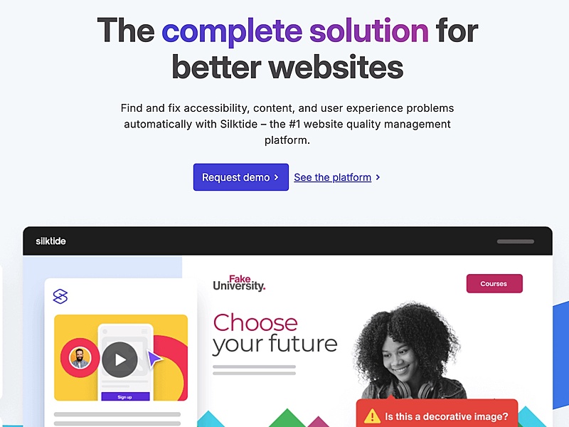 An advertisement for silktide showing flags on website content and the words The Complete Solution for better websites.