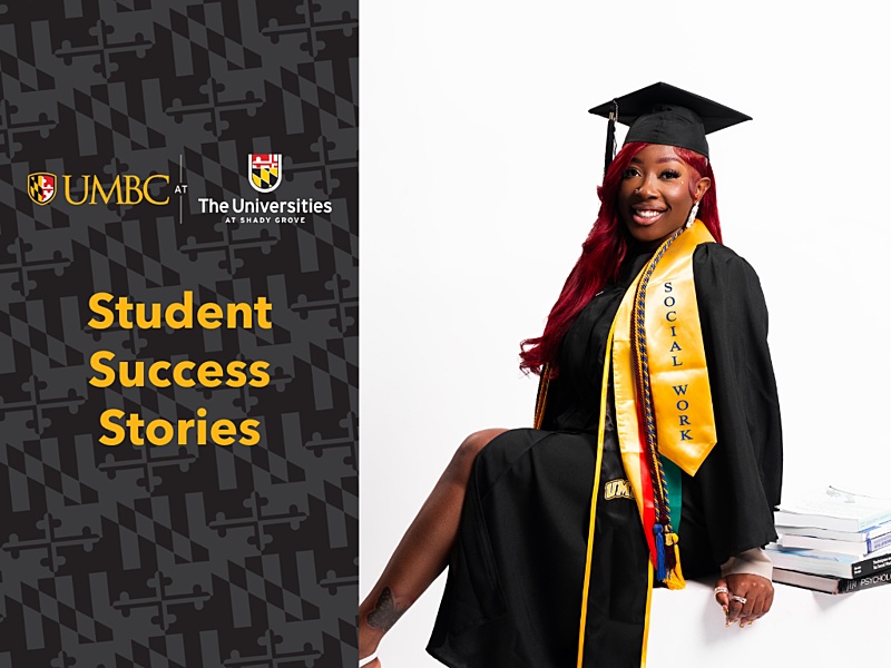 A photo of Olivia Tinong, graduate of UMBC-Shady Grove's Social Work Program, next to a stack of book.
