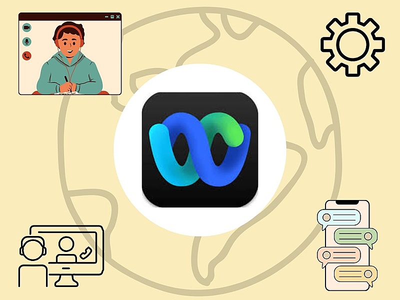 A graphic with the Webex logo in front of a globe. To the left corners are small images of people in meeting calls. To the right there is a gear symbol for settings and a phone with different colored message boxes.