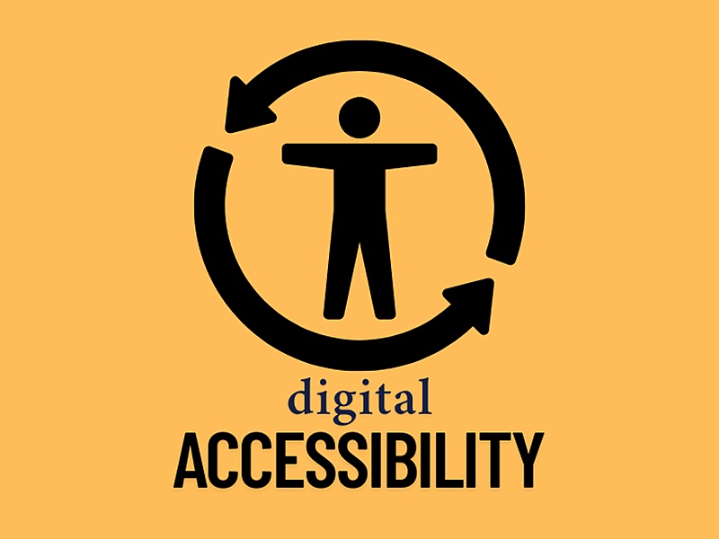 A human figure with outstretched arms inside a circle of two curved arrows, suggesting movement. Below the figure are two words: digital accessibility.