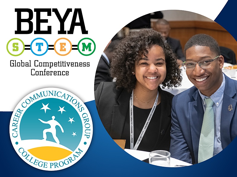 BEYA logo and Career Communications Group logo and a picture of two students seated at conference