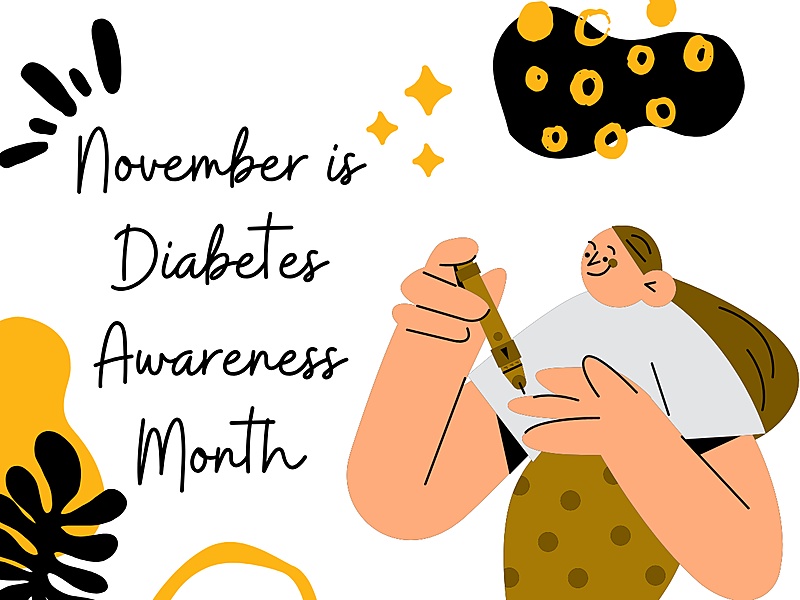 An image of a woman injecting herself with diabetes medication. The text reads "November is Diabetes Awareness Month."