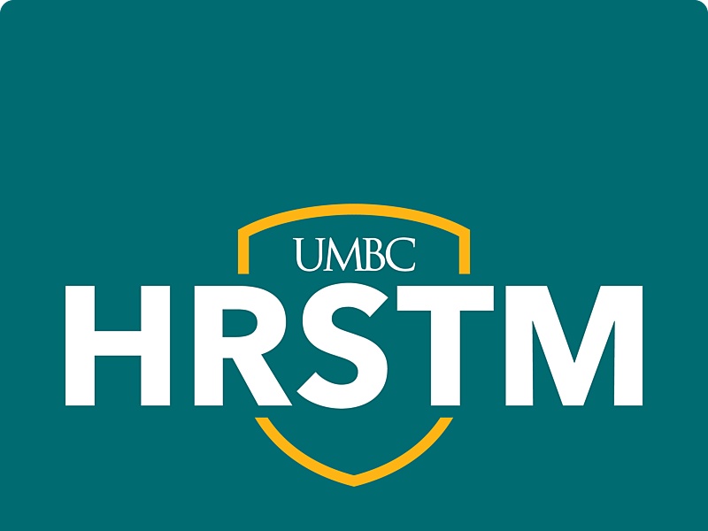 HRSTM lockup. Includes teal background, with gold UMBC shield.
