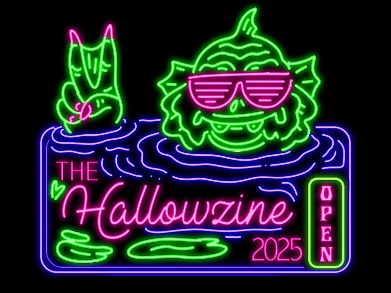 A cool Creature from the black lagoon gives a peace sign out of the water in a neon sign style with The Hallowzine 2025 Open sign below it