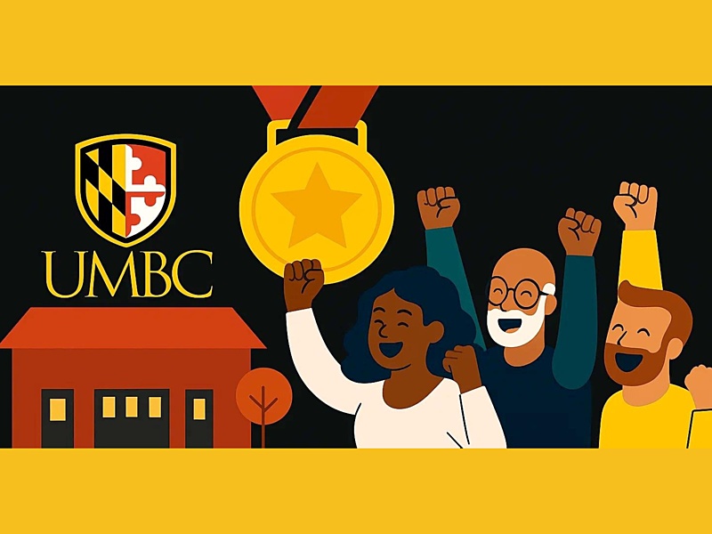 An illustration with a black background bordered by yellow features the UMBC logo on the left, displaying a shield with the Maryland flag pattern and the letters "UMBC" below. To the right of the logo, a large gold medal with a star in the center hangs from a red ribbon. Below the medal, a red building with several windows and a tree are depicted. On the right side of the image, three diverse individuals with raised fists cheer in celebration.
