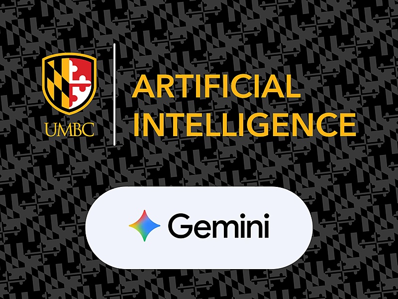 A black background patterned with a Maryland flag pattern. On top is a graphic of the UMBC shield and acronym and to the right reads the text "Artificial Intelligence". Below that is a graphic of the Google Gemini logo within a rounded grey box