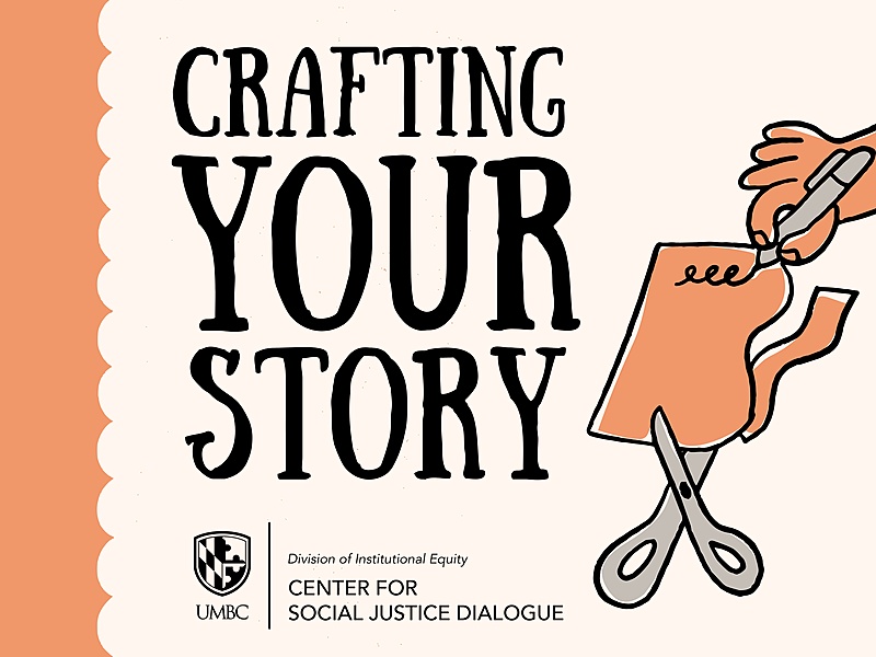 A beige background with an orange, scalloped border on the left side. In the center is the text "CRAFTING YOUR STORY". Below it is the CSJD lockup, and to the right is an illustration of scissors cutting a piece of paper that is being written on.