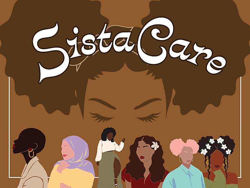 A brown background with images overlayed onto it. At the bottom half of the image, there are six diverse feminine figures, and at the top half, there is a large, stylized image of a woman's upper face and afro puffs. In addition, there is large, white text in a fun, "groovy" font: "SistaCare".