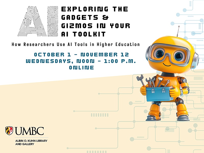 Yellow robot holding a blue toolbox with an advertisement for the Library's AI symposium.