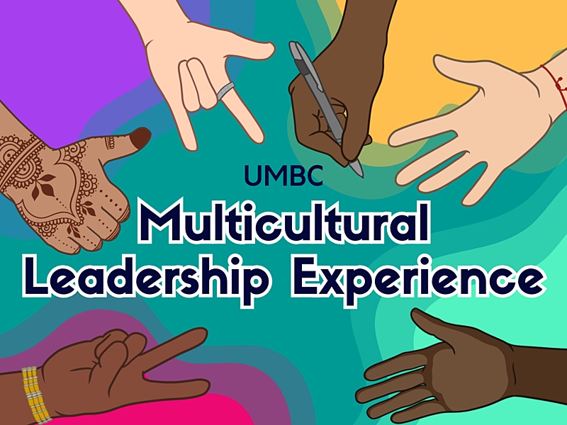 Multi-color background with different hands around the words 'Multicultural Leadership Experience'. Each hand is a different skin color.