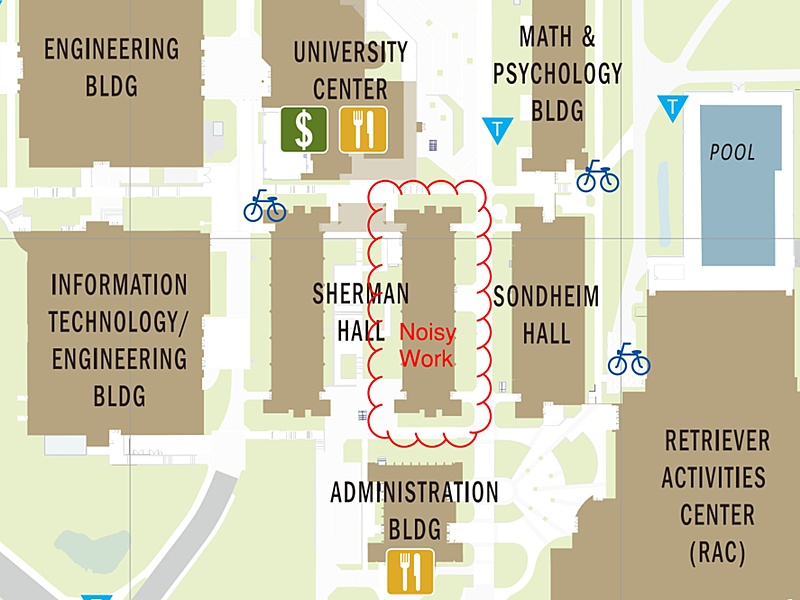 Sherman Hall noisy work map indicating the entirety of the east wing will be subject to noisy construction activities.