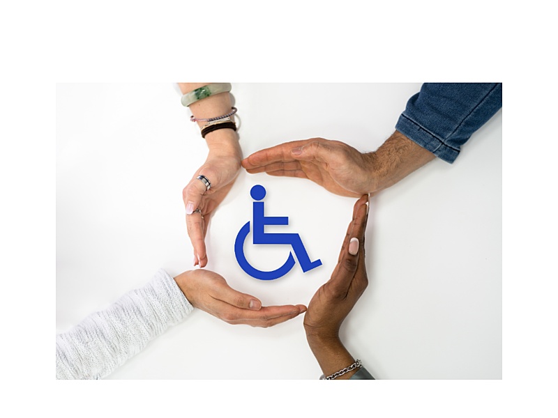 Hands forming a circle around the universal accessibility symbol.