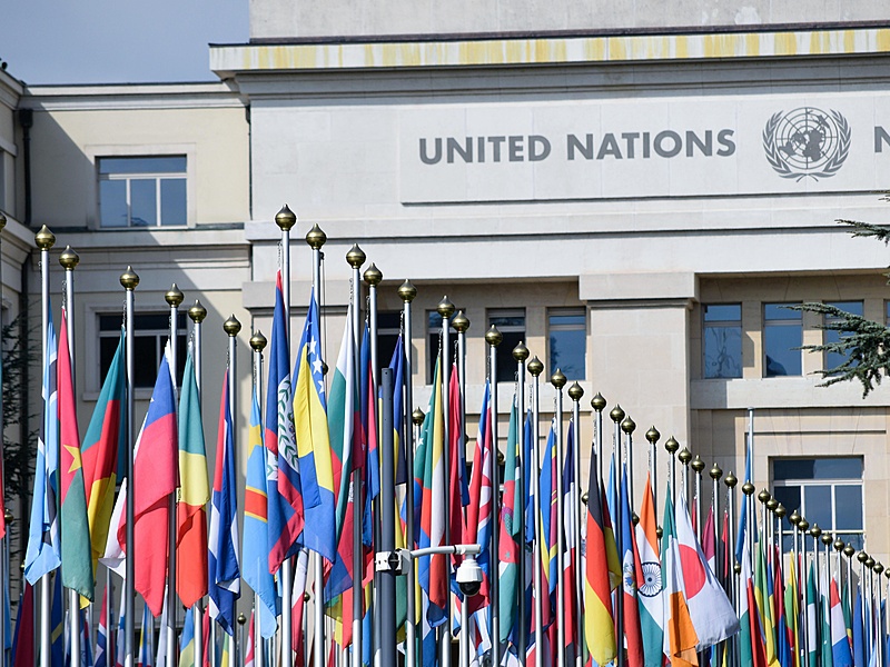 the United Nations building with two rows of member-country flags in the foreground