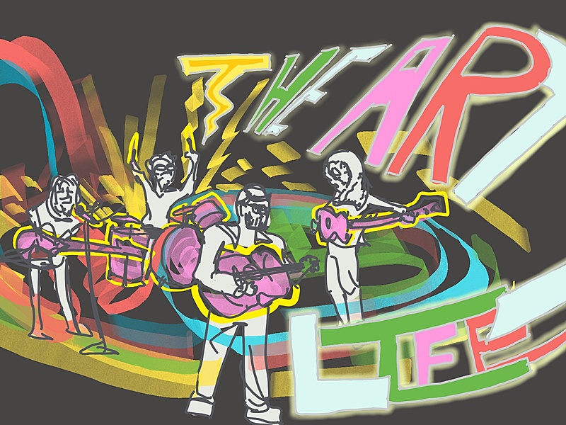 A digital drawing of a band playing music, the individual colors swirling to combine into one song, The Art Life