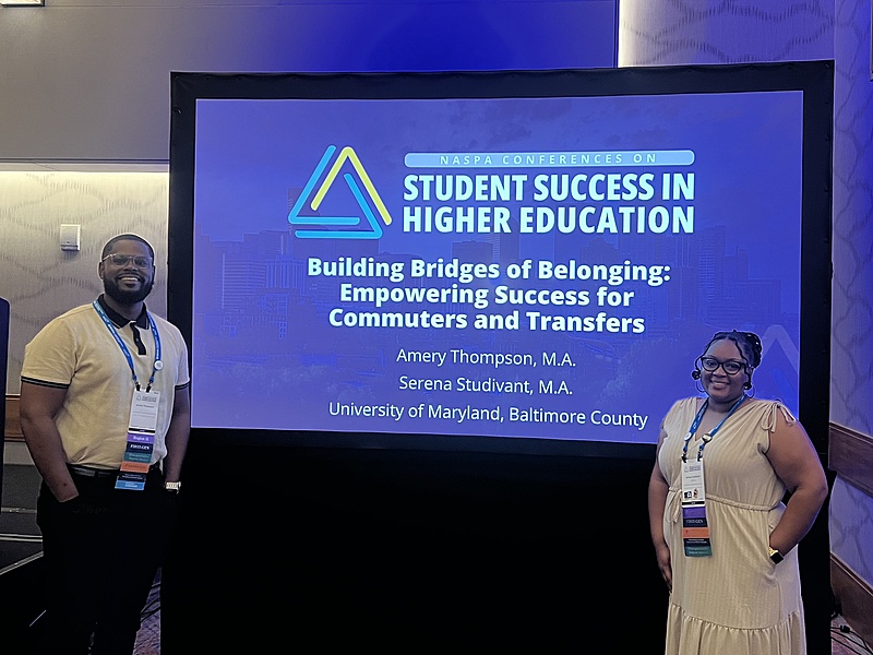 Two humans on either side of a screen with presentation title, "Building Bridges of Belonging: Empowering Success for Commuters and Transfers"