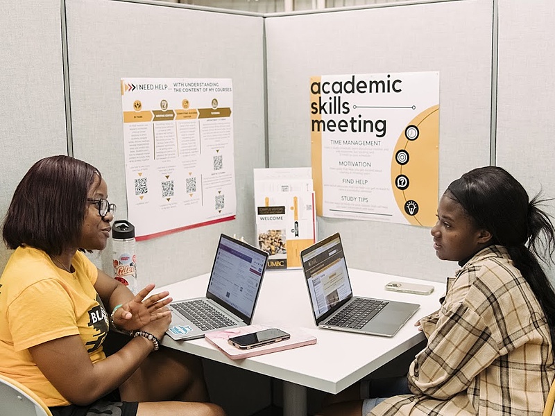Two students sitting at a table and looking at their laptop. They are in a meeting cubicle with a poster saying "Academic Skills Meeting" in the background