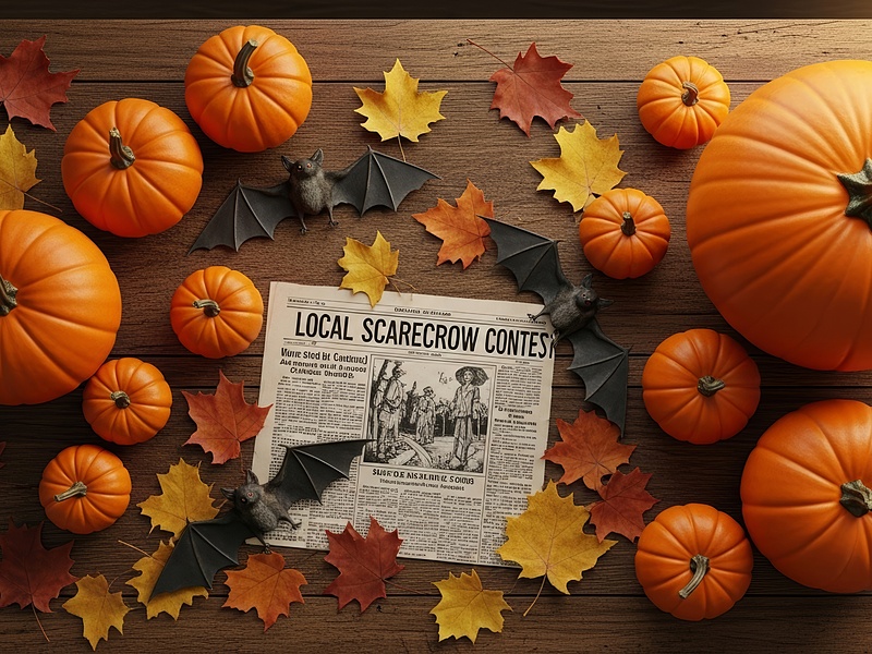 newspaper with headline local scarecrow news on table strewn with autumn leaves and pumpkins