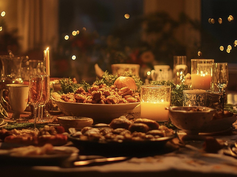 Image depicting a table with dishes, candles, and twinkle lights.