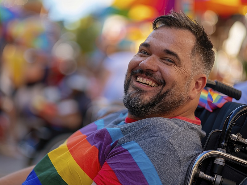 A person with short brown hair and a beard, wearing a rainbow-striped shirt, smiles widely while sitting in a wheelchair.