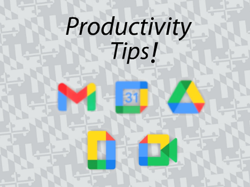 Google Workspace application logos against a white Maryland flag background, underneath the text 'Productivity Tips'