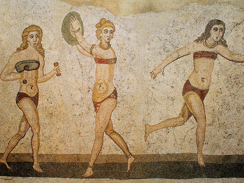 Women exercising in bikinis on a mosaic in the Villa Romana del Casale near Piazza Armerina, Sicily.