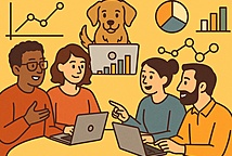 A flat-style digital illustration shows four diverse individuals sitting around a table with laptops, engaged in discussion. A cartoon Chesapeake Bay Retriever playfully sits behind a central laptop displaying a bar graph. Surrounding them are various icons representing data, including pie charts, line graphs, and data points, symbolizing collaboration and analytics.