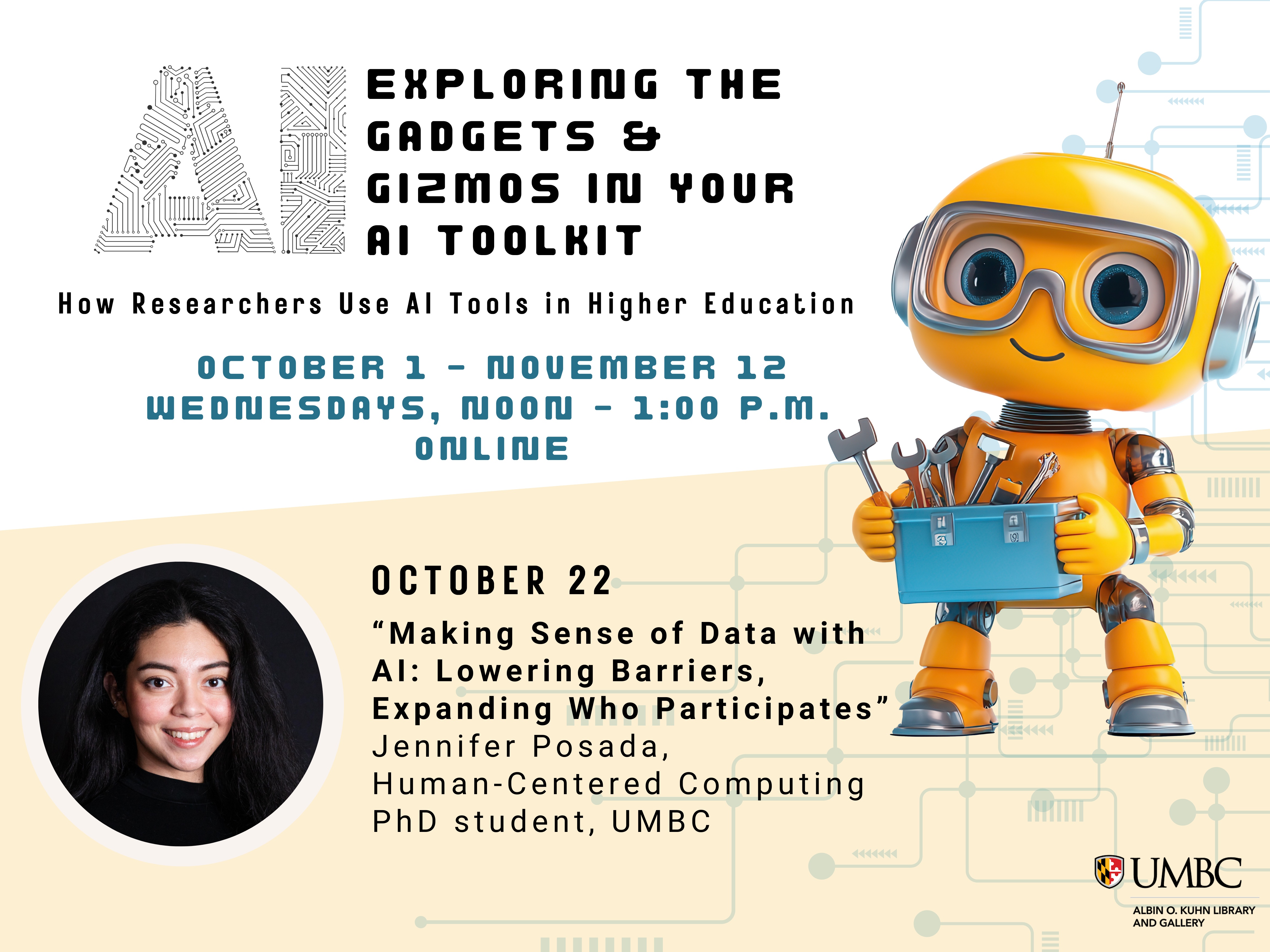Yellow robot holding a blue toolbox with the speaker's name, presentation title, time, and date shown