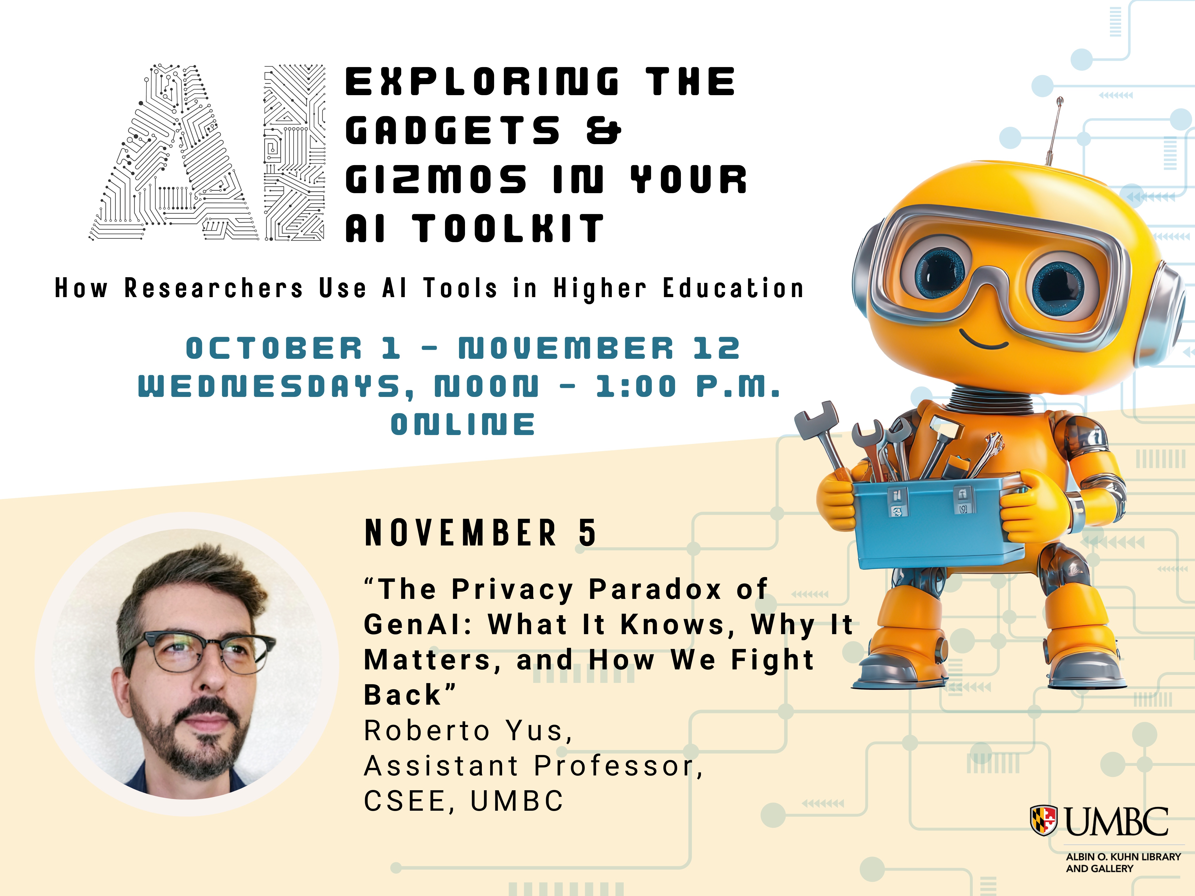 Yellow robot holding a blue toolbox with the speaker's name, presentation title, time, and date shown