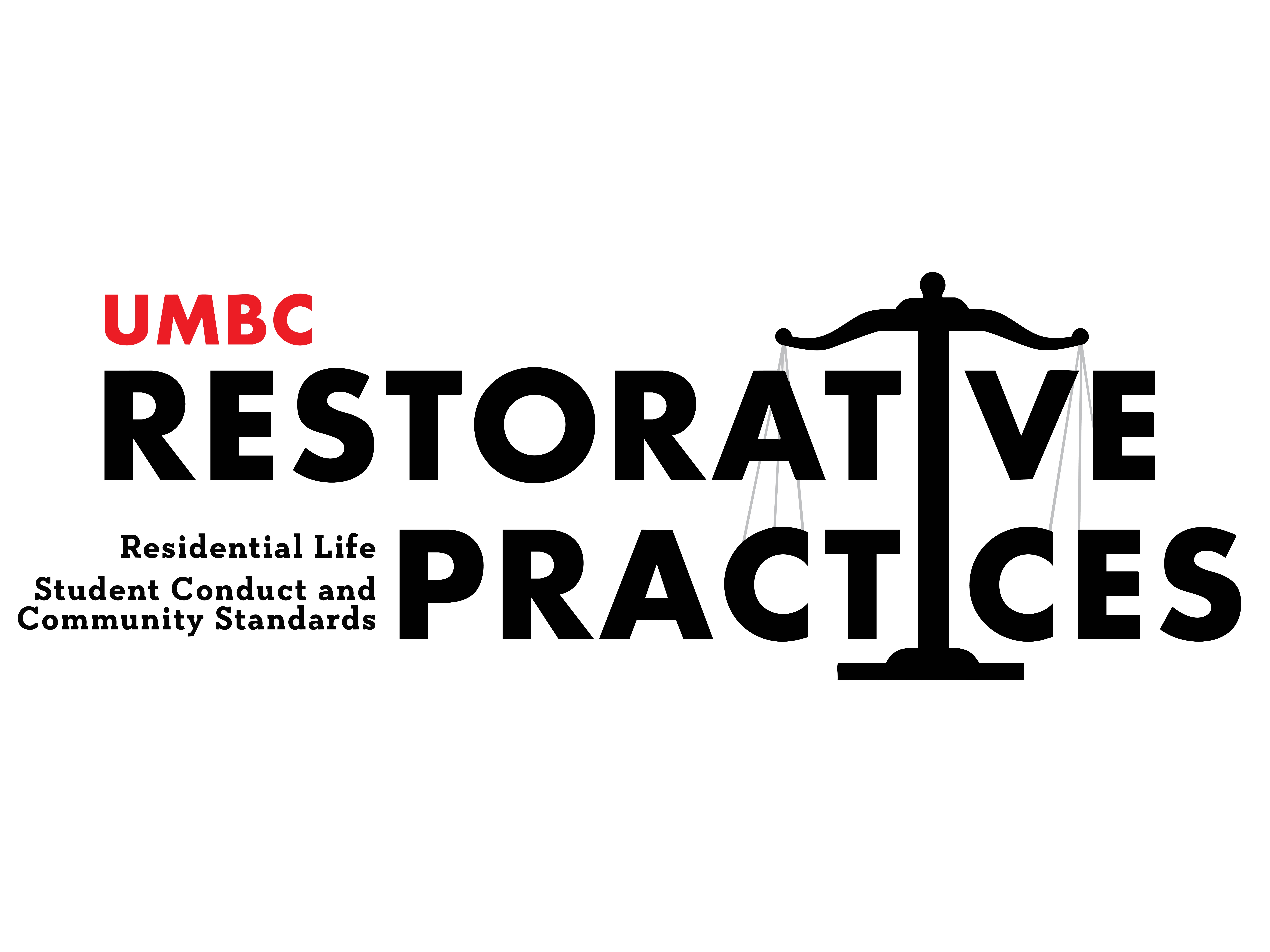 A UMBC restorative practices logo showing Student Conduct and Community Standards and Restorative Practices as sponsors.