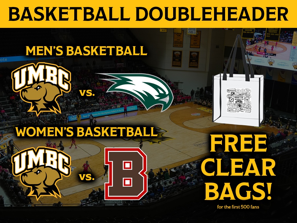 Basketball doubleheader matchups and clear bag giveaway.