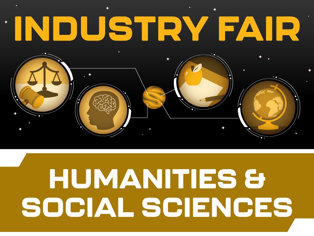 Space theme: gold planet with futuristic interface bubbles showing icons for scales of justice; the human brain (psychology); paper, pencil and apple (education); and a globe.