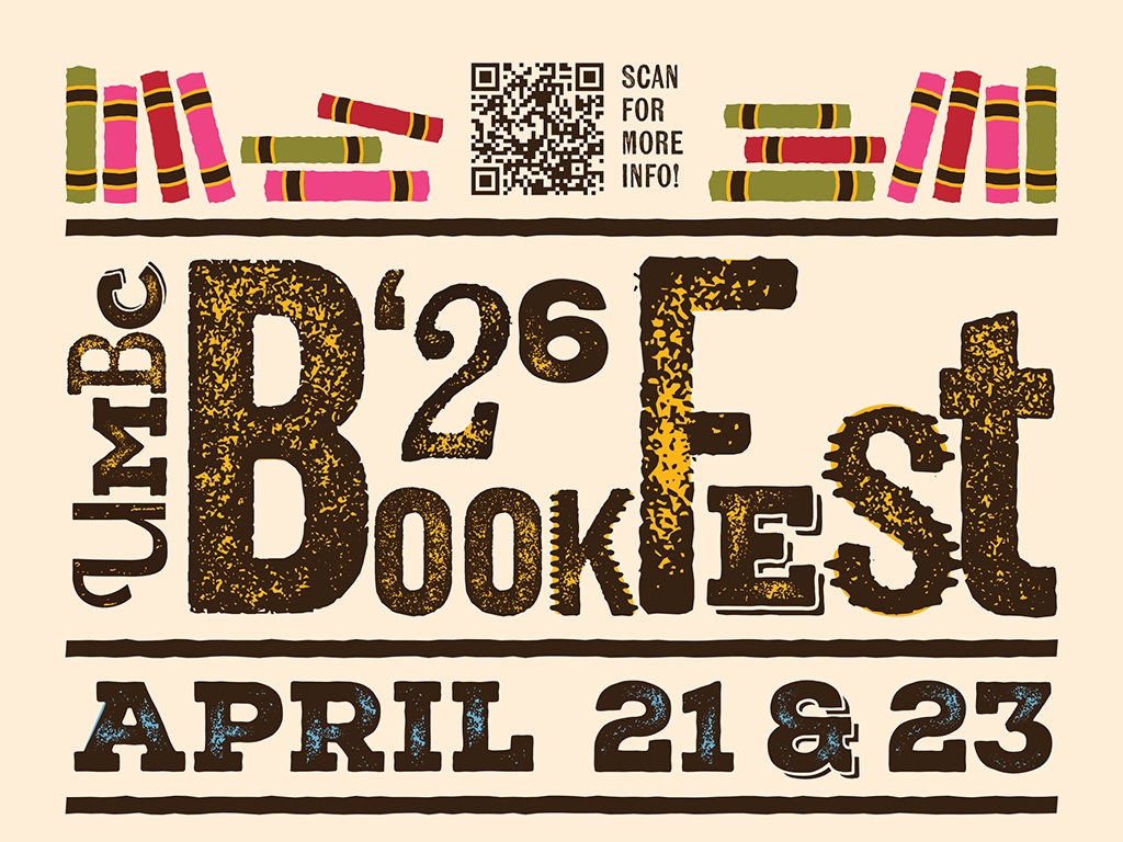 Green, pink, and red books are piled on top of text that reads UMBC BookFest '26 April 21 & 23