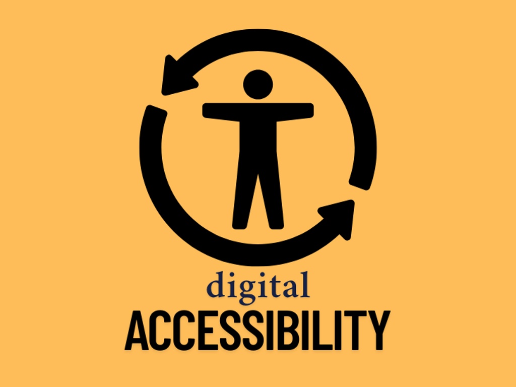 A human figure with outstretched arms inside a circle of two curved arrows, suggesting movement. Below the figure are two words: digital accessibility.