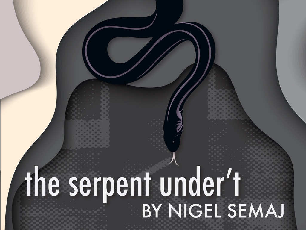 Promotional Poster for the serpent under't by Nigel Semaj at UMBC Theatre. Features a black snake.