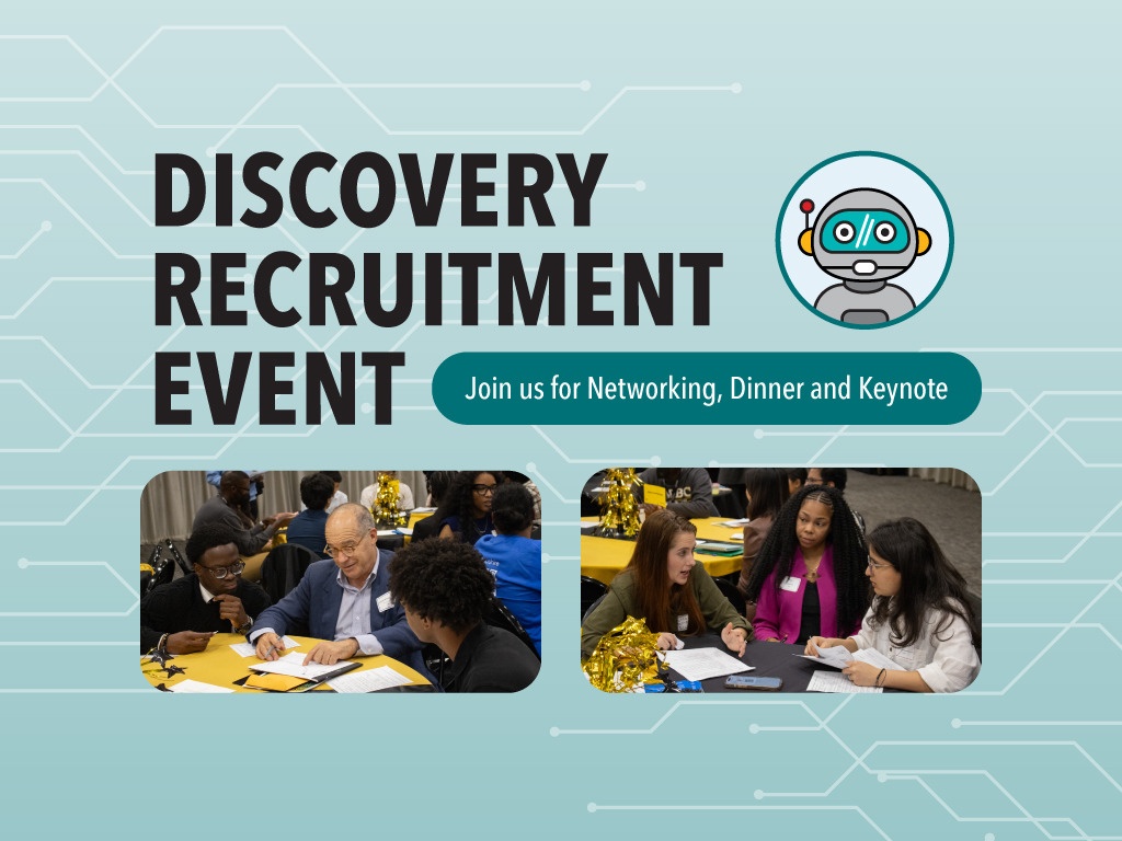 Two photos of student networking with employers at a round table: Text: "Discovery Recruitment Event: Join us for Networking, Dinner and Keynote"