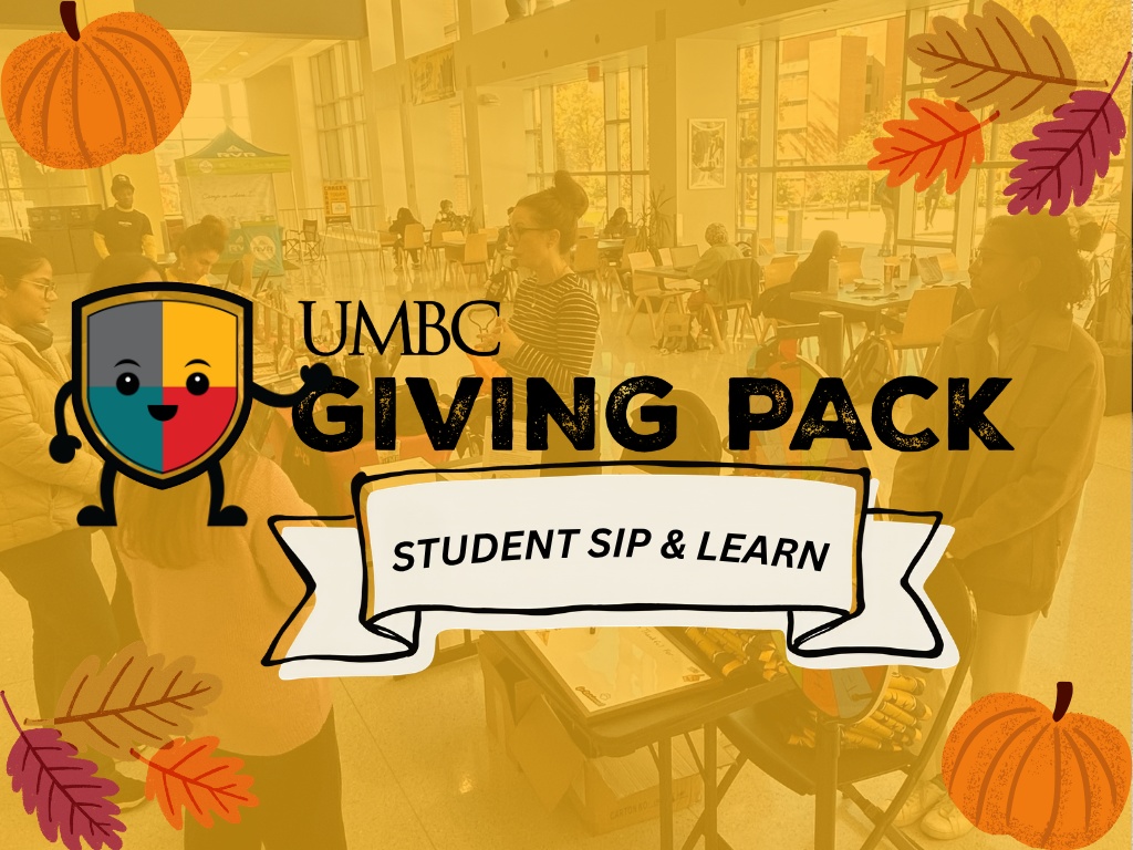 UMBC Giving Pack: Student Sip & Learn. Fall colored leaves and pumpkins.