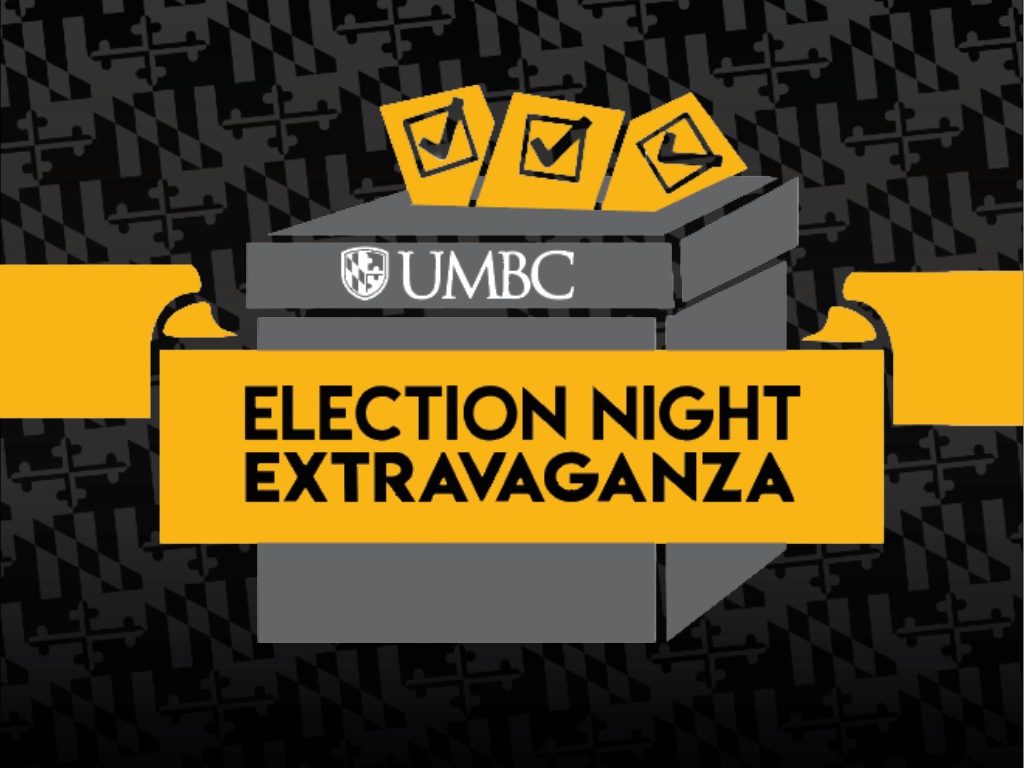 Voter's box clip art with UMBC Election Night Extravaganza logo.