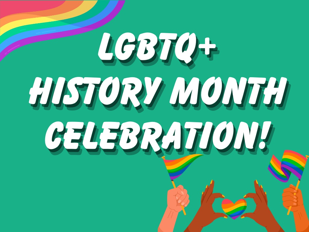 Text that says "LGBTQ+ History Month Celebration" on a turquoise background, with a wavy rainbow at the top left corner and a pride hands celebration image at the bottom right corner, which is hands of different skin colors holding rainbow items