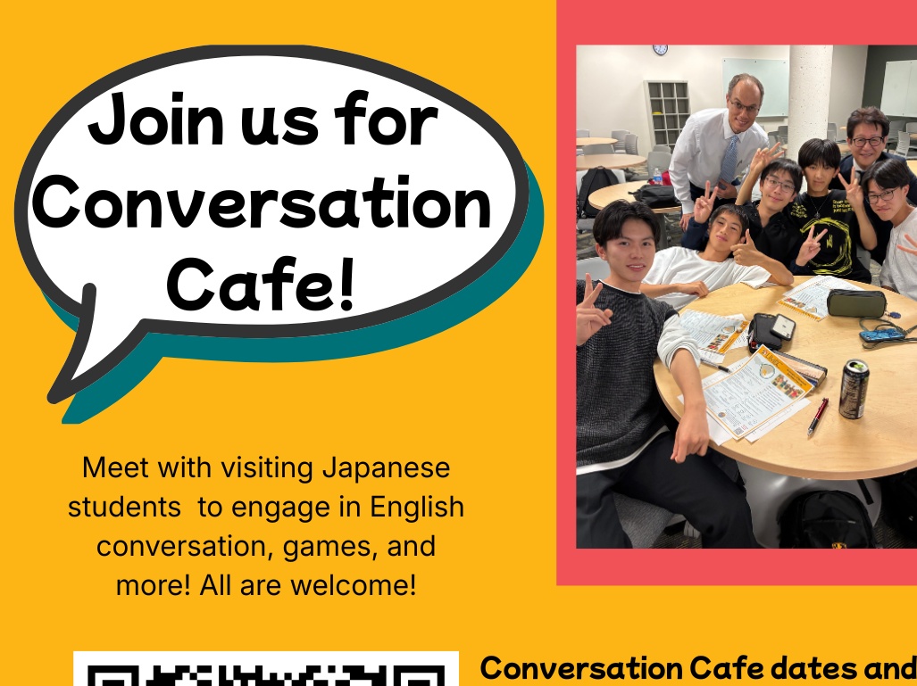 Flyer with more information for conversation cafe, and a QR code is provided to fill out a sign up sheet.