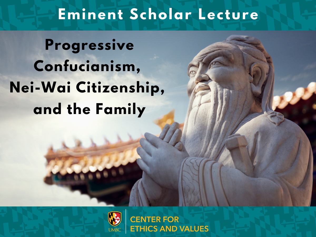 Close up of stone statue of Confucius, pagoda roof in the background, blue sky with clouds