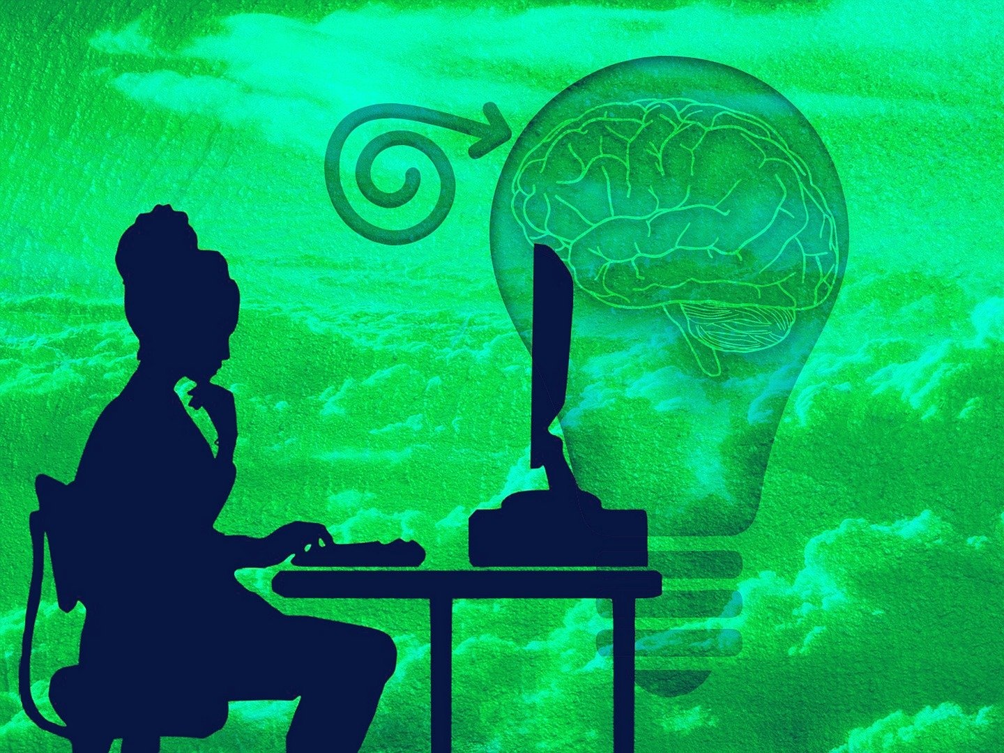 A silhouette of a person sitting in a chair in front of a computer on a desk, typing on a keyboard. The green background consists of clouds and a light bulb with a brain in it.