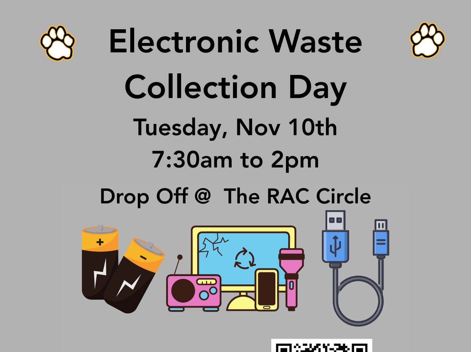 Flyer with images of broken computer monitor, flashlight, and batteries