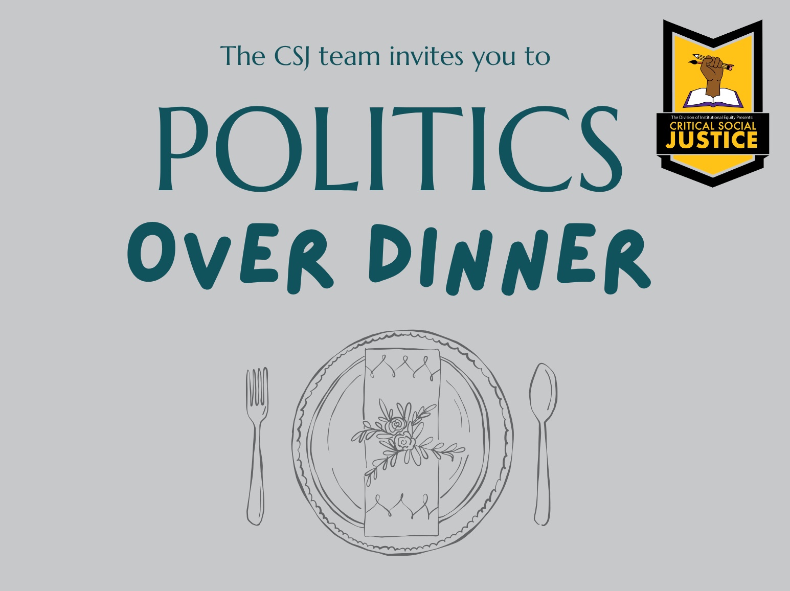 a dinner table setting with the words politics over dinner above it