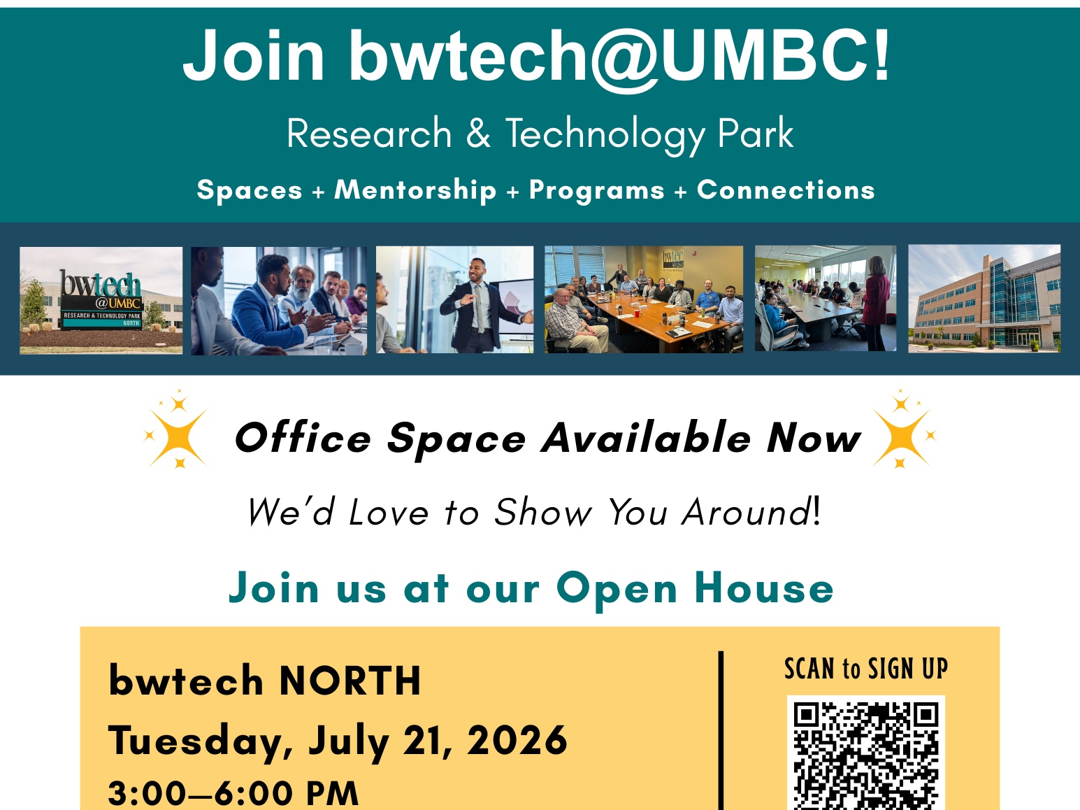 bwtech NORTH Open House event: July 21, 2026, 3:00-6:00 pm.