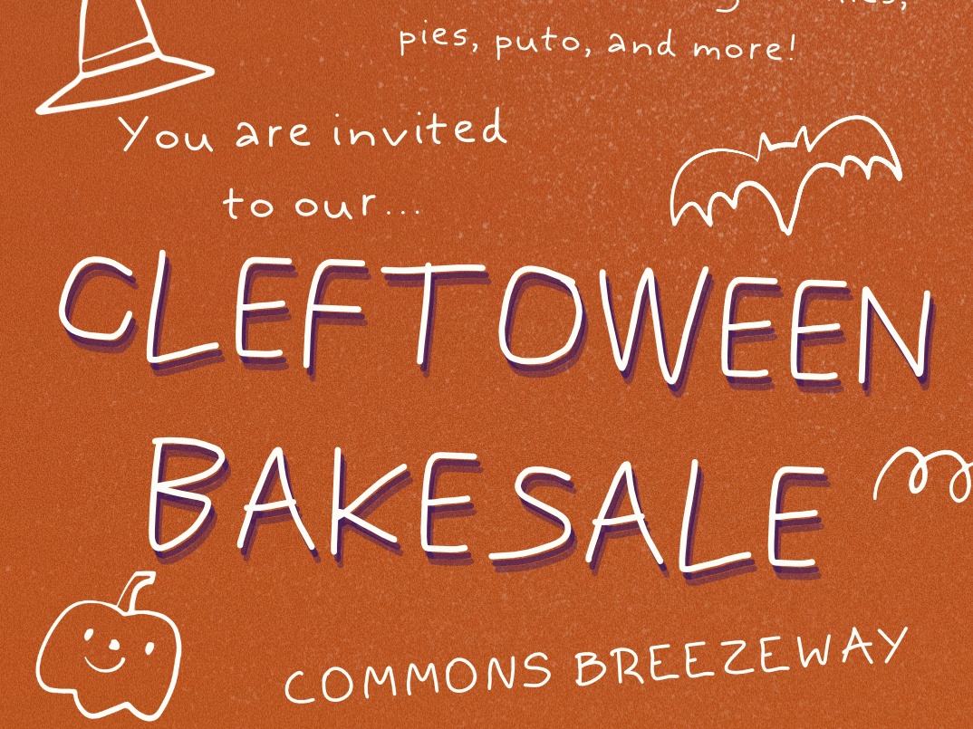 A flyer for UMBC Cleftomaniacs Halloween Bakesale named "Cleftoween Bakesale". The flyer includes images of cute halloween objects, such as a pumpkin, bat, spider, and witch hat.
