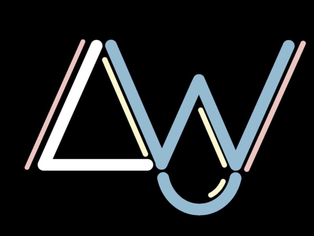 A stylized graphic logo on a black background featuring the letters "L" and "W" in a modern, neon-tube style. The white "L" and light blue "W" are intertwined, with the right side of the "L" forming the base of the "W." The "W" also incorporates a light blue semi-circle at its base, resembling a drop or a smile. The letters are accented with thin, parallel lines in pastel pink and yellow, giving a sense of depth and vibration.